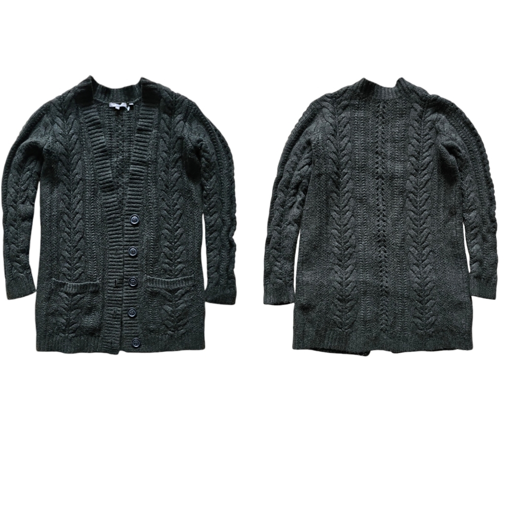 Vince Wool Cable Knit Button Down Cardigan with Pockets Dark/ forest Green S/M